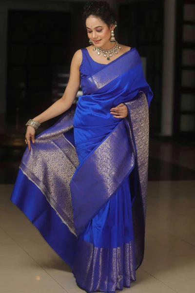 Blue Floral Woven Border Lichi Banarasi Silk Saree