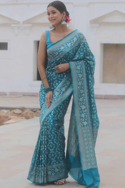 Turquoise Floral Woven Banarasi Silk Saree