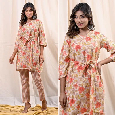 Peach Floral Foil Printed Chanderi Top Bottom Set With Belt