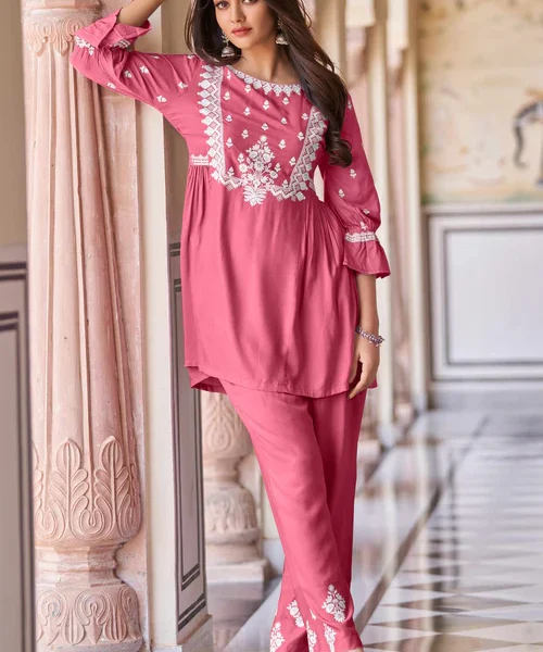 Gajri Pink Rayon Top-Bottom Co-Ord with Delicate Embroidery