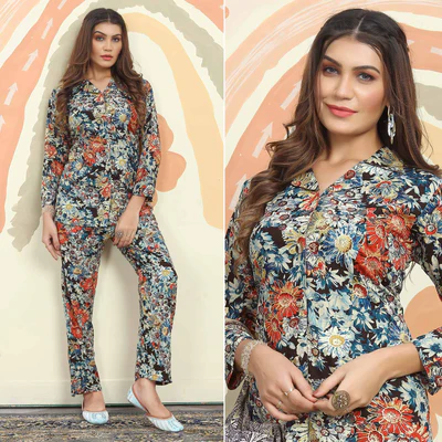 Blue Floral Printed Rayon Co Ord Set