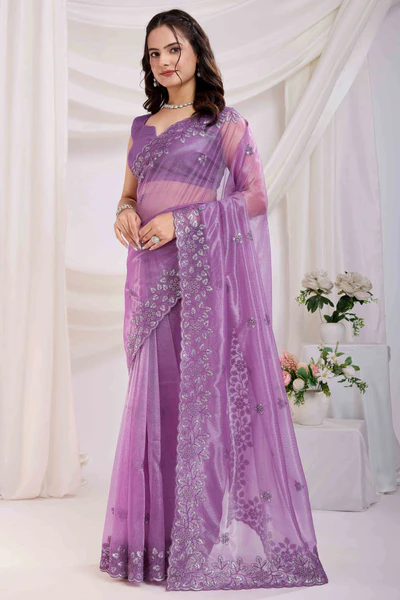 Purple Floral Sequins Embroidered Twill Net Saree