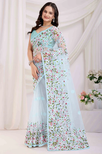 Blue Floral Embroidered Net Saree