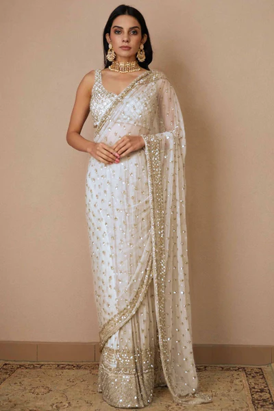 Graceful Off White Sequins Embellished Net Saree for Partywear