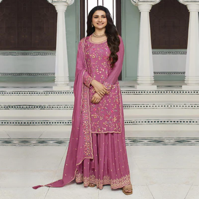 Dark Mauve Floral Embroidered Chinon Sharara Salwar Suit