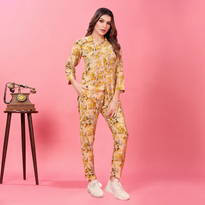 Yellow Floral Printed Rayon Co Ord Set