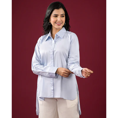 Light Blue Solid Satin High-Low Shirt