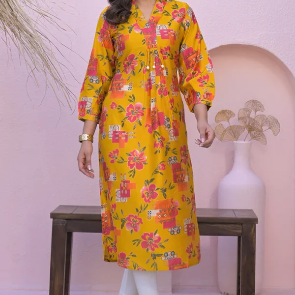 Mustard A-Line Kurti in Soft Viscose with Floral Design