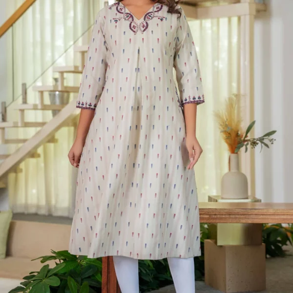 Chic Beige A-Line Pure Cotton Woven Kurti Highlighted with Embroidered Neckline