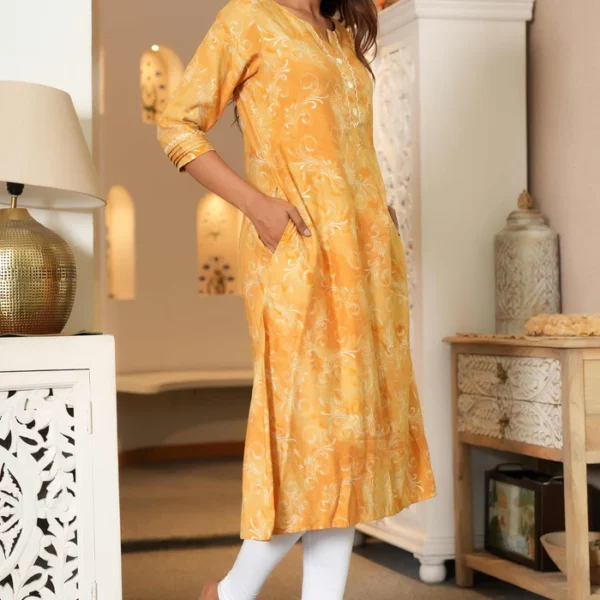 Floral Printed Mustard Capsule Rayon Kurti in Straight Fit