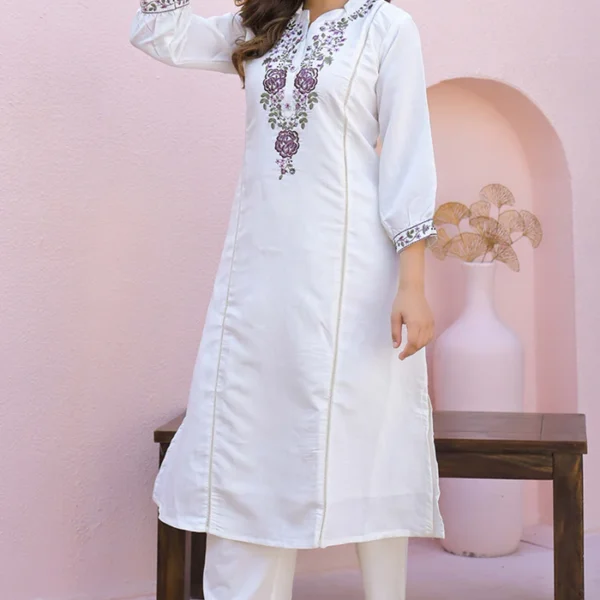 White Viscose Mango Silk A-Line Kurti with Floral Embroidery On Neck