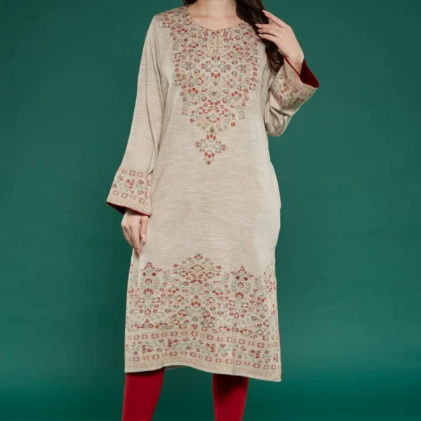 Beige Floral Woven Woolen Straight Kurti