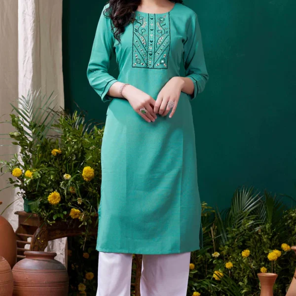 Turquoise Yoke Embroidered Pure Cotton Straight Kurti