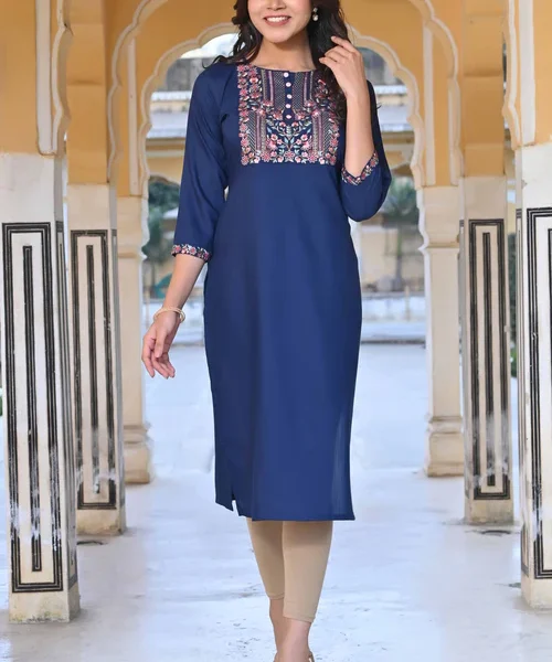 Blue Yoke Embroidered Rayon Slub Straight Kurti