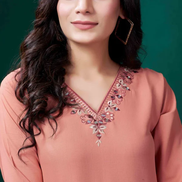 Peach Yoke Embroidered Pure Cotton Straight Kurti