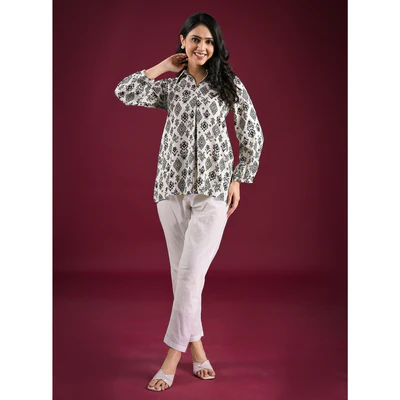 White & Black Floral Printed Rayon Top