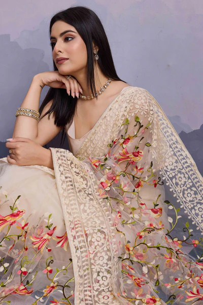 Off White Floral Embroidered Net Saree