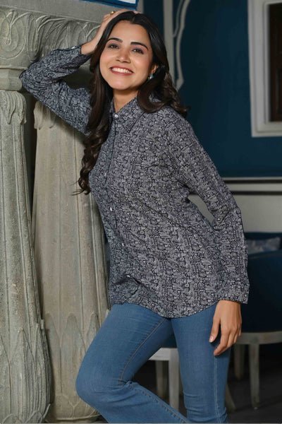 Grey Abstract Printed Pure Cotton Top