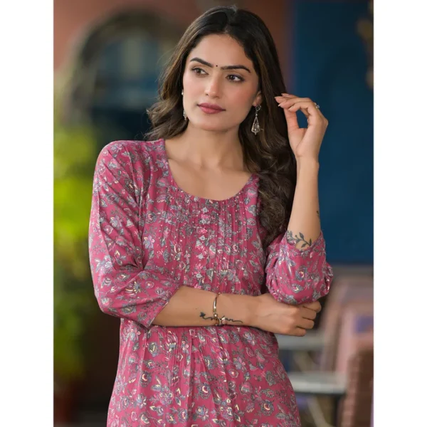 Pink Floral Printed Rayon Straight kurti