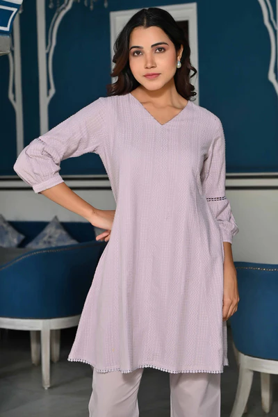 Lavender Dobby Work Pure Cotton Co-Ord Set