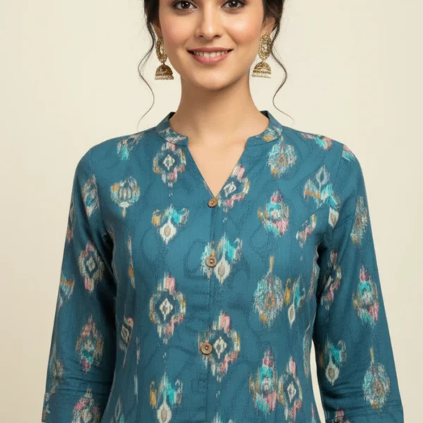 Dark Turquoise Ikkat Printed Pure Cotton A-Line Kurti