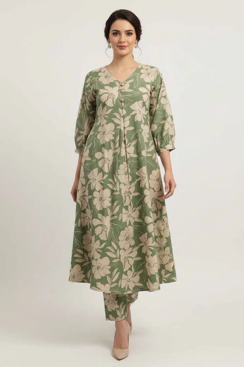 Floral Whisper Green Cotton Flex A-Line Cut Co-Ord Set
