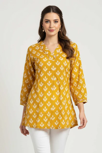 Mustard Timeless Ikkat Printed A-Line Top in Pure Cotton