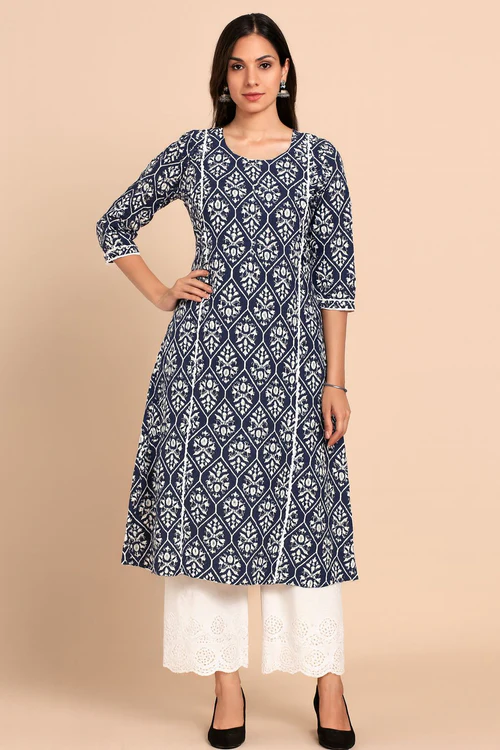 Navy Blue Pure Cotton Co-Ord Set with Ikkat Print A-Line Top