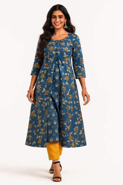 Blue Cotton Top Bottom Set Featuring Floral Prints & Handcrafted Details