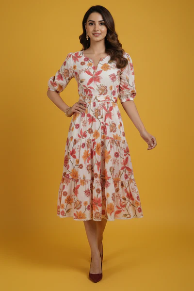 Trendy White Pure Cotton Maxi Dress Featuring Delicate Floral Prints