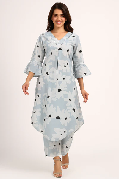 Powder Blue Floral Cotton A-Line Kurta with Matching Bottoms