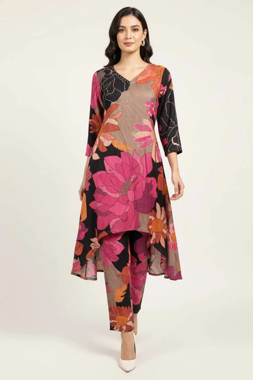 Exclusive A-Line Muslin Top Bottom Set with Multicolor Floral Prints
