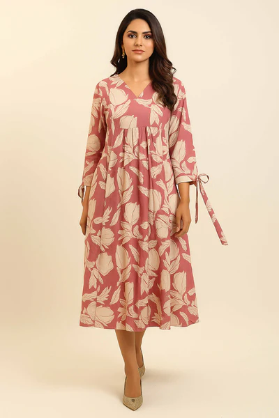 Chic Pink Pure Cotton Midi Dress with Delicate Floral Print