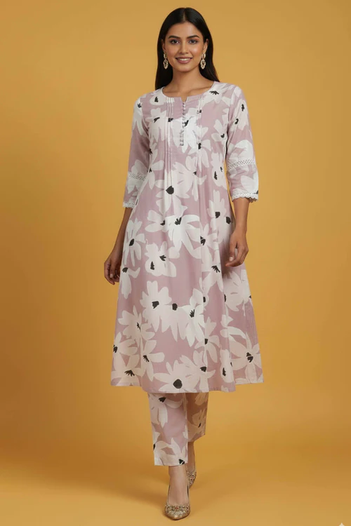 Powder Pink Floral Print Cotton A-Line Kurta Paired with Matching Bottoms