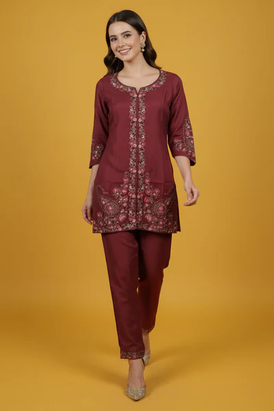 Designer Dark Mauve Floral Embroidered Top Paired with Trousers Co-Ords in Viscose Blend