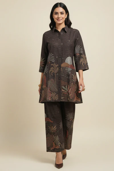 Fashionable Brown Abstract Printed Nylon Viscose Shirt-Pant Ensemble Perfect for Office & Outings