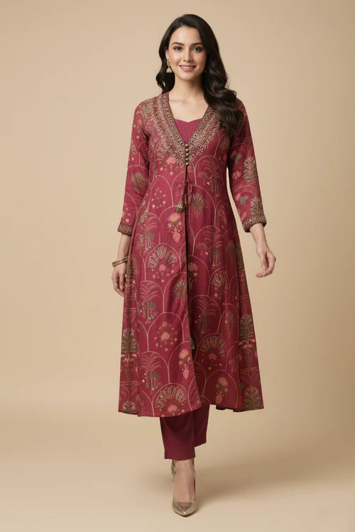 Trendy Maroon Muslin Top Bottom Set with Elegant Printed Jacket Enhanced by Bead Embellishments