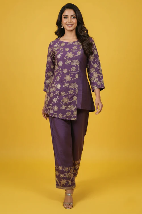Purple Mirai Viscose Top Bottom Set Adorned with Beautiful Golden Thread Floral Embroidery