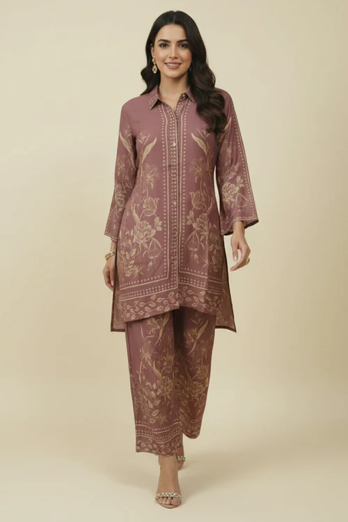 Brown Muslin Co-ord Set Featuring Floral Prints with Shirt Style Top and Matching Bottoms
