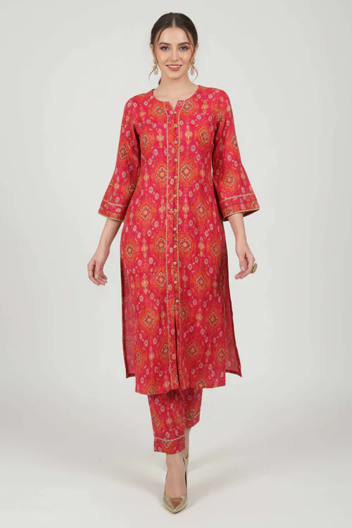 Rani Pink Ikat-Inspired Printed Cotton Blend A Line Co-Ord Set With Front Button Detailing