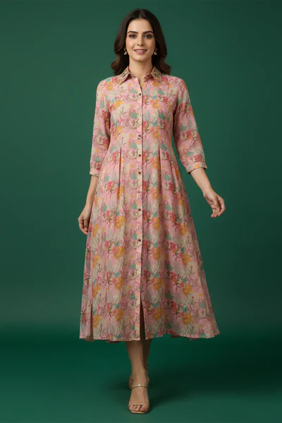 Light Pink Muslin A-Line Dress in Floral Print