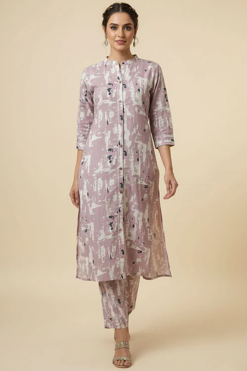 Baby Pink Abstract Printed Cotton Flex Straight Cut Two Piece Set Perfect for Smart Casual Looks