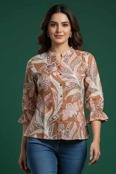 Stylish Brown Floral Printed Top Crafted in Lightweight Muslin Fabric