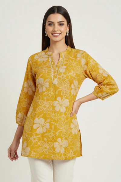 Mustard Viscose Blend Slub Fabric Top with Beautiful Floral Prints