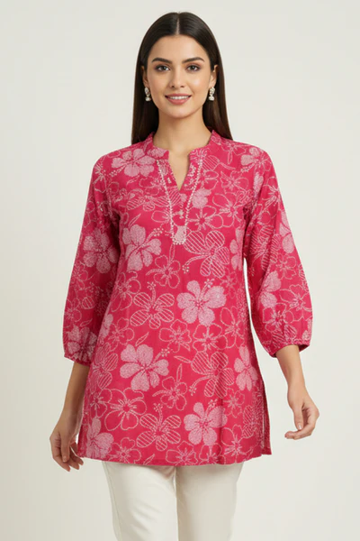 Rani Pink Viscose Blend Slub Fabric Top with Beautiful Floral Prints