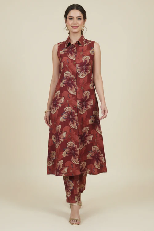 Beautiful Maroon A-Line Co-Ord Set with Floral Printed Detailing in Viscose Blend