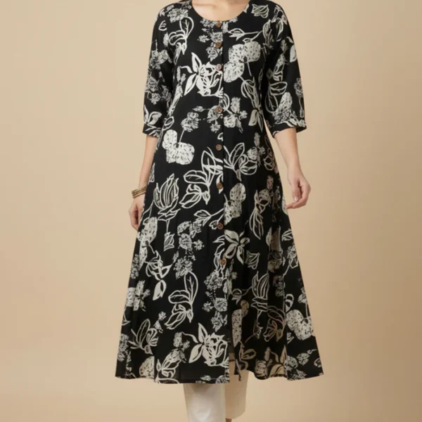 Black Rayon Kurti Featuring Elegant Floral Motifs for Everyday Styling