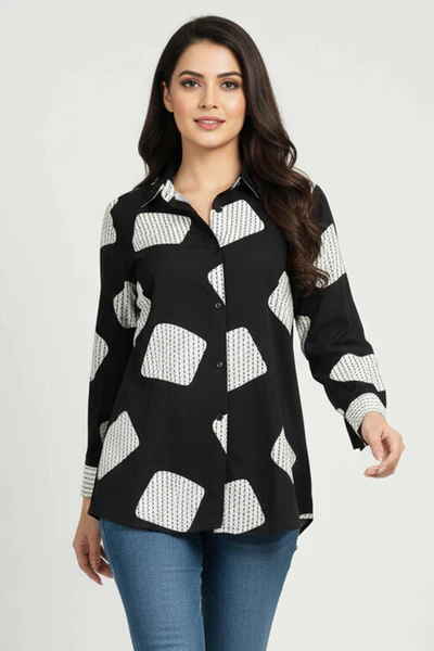 Black & White Geometric Printed Rayon Shirt Top With Collared Neckline