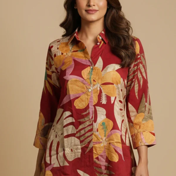 Trendy Red Floral Muslin Shirt Top With Smart Collared Neck & Button Down Front