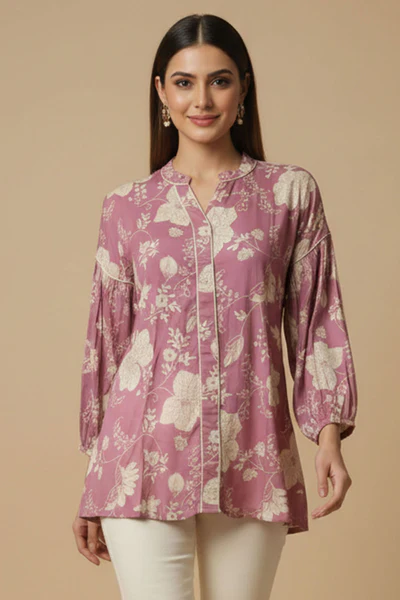 Light Pink Floral Printed Muslin Straight Top Perfect for Everyday Fashion